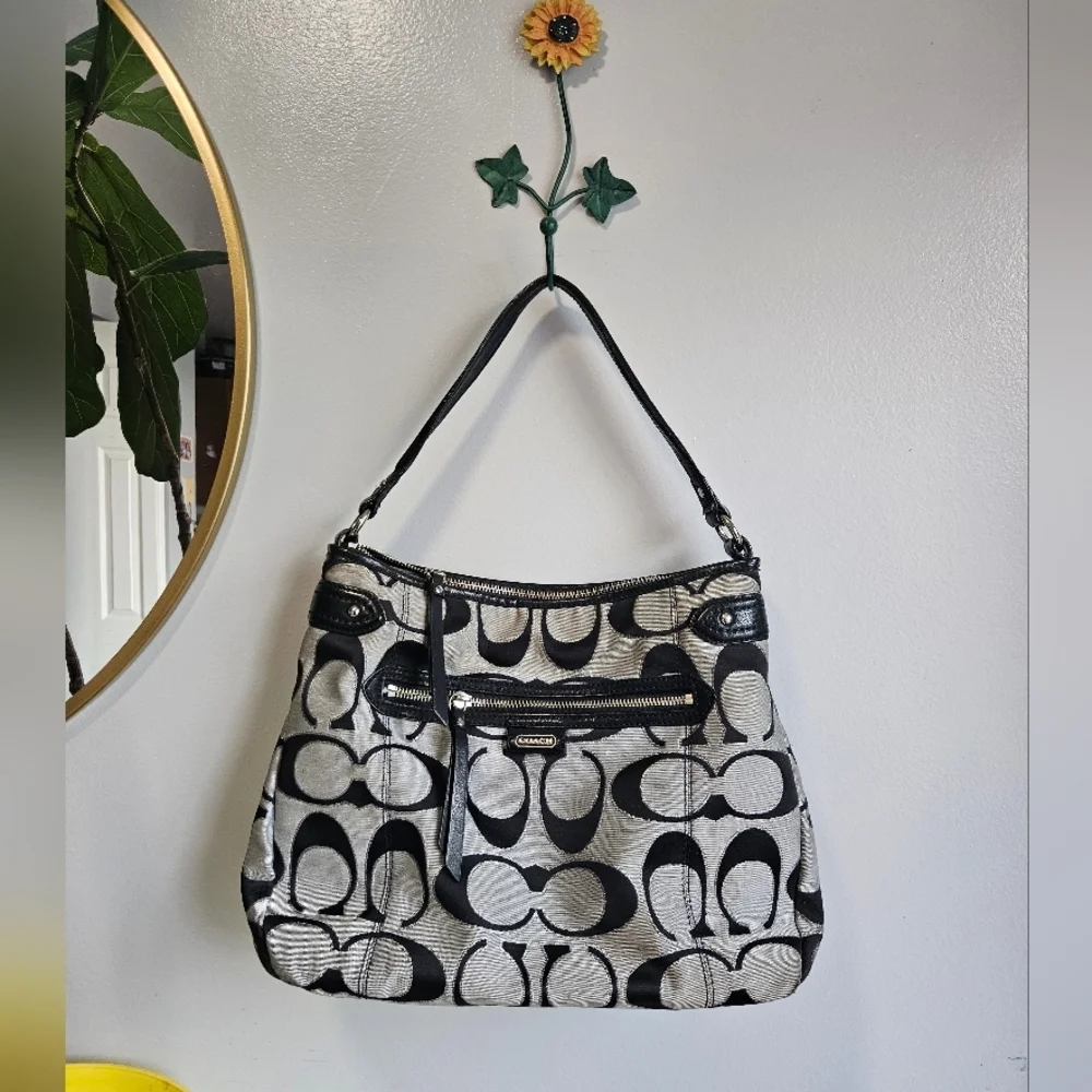 Coach Daisy Hobo Black and Gray Signature Shoulder Bag